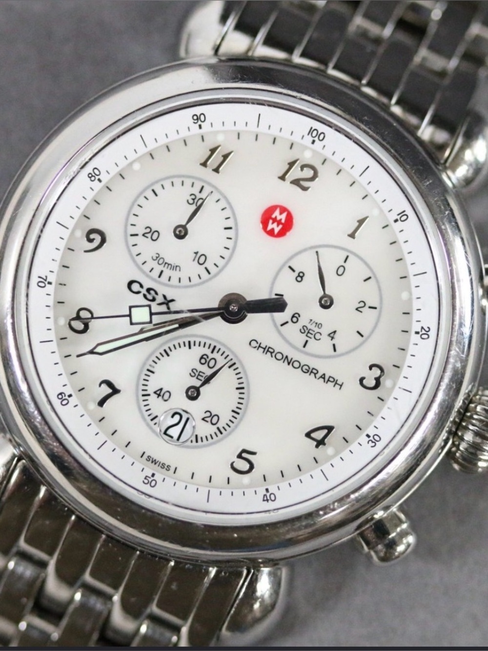 Michele CSX Stainless Steel Chronograph Watch - White Dial with Red Logo